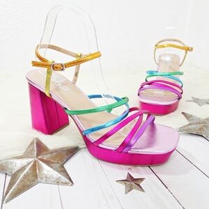 Pop Kallie Metallic Rainbow Platform Heels Strappy Sandals Size 10 New NWOB